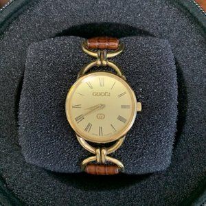 Ladies Gucci 6000L Watch 18k Gold Plated Leather Band Embossed